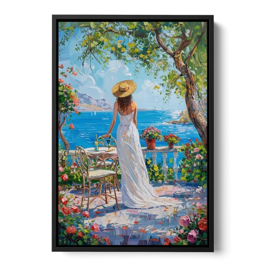 Figurative Painting of a Woman in White - Black Framed Canvas Wall Art - Front