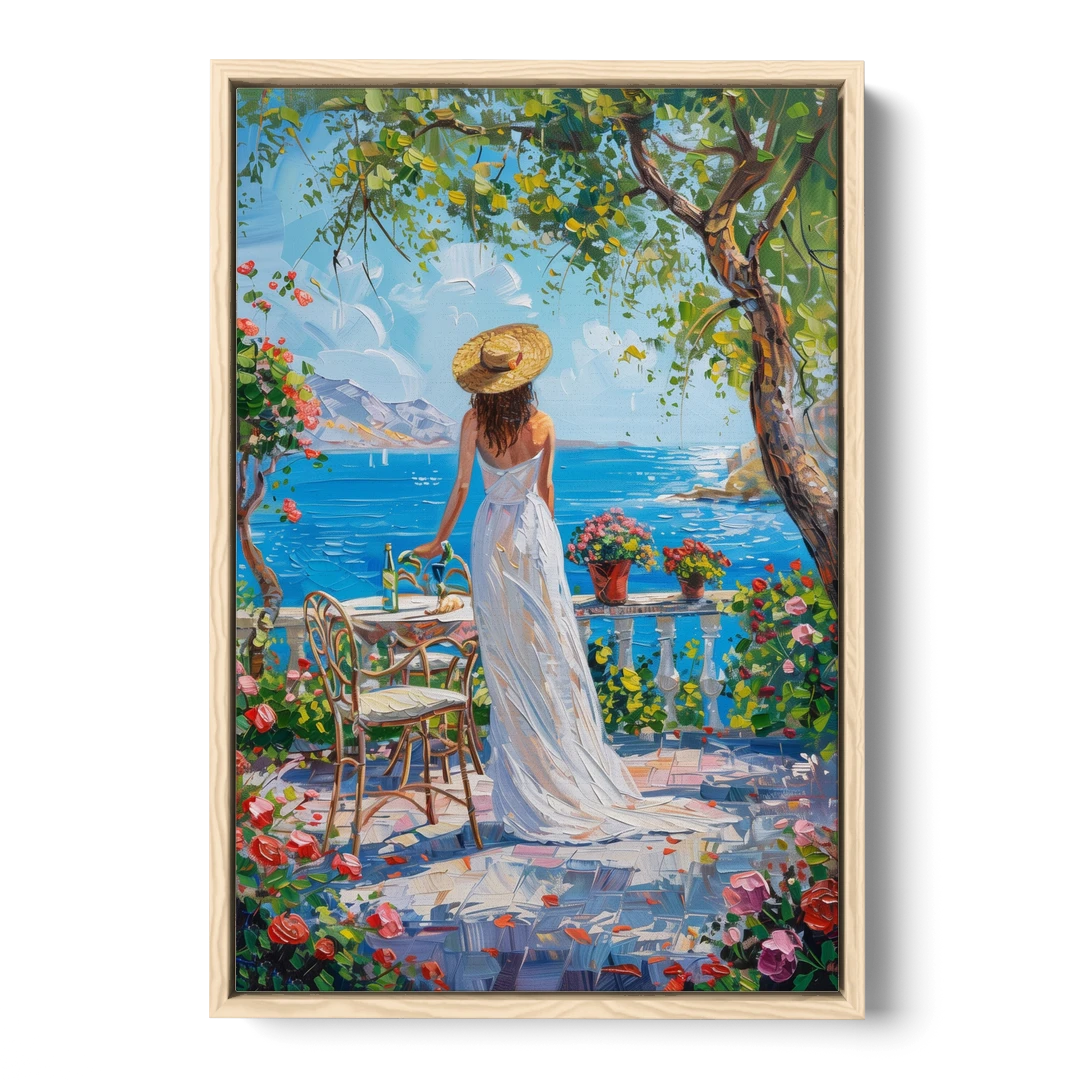 Figurative Painting of a Woman in White - Oak Framed Canvas Wall Art - Front