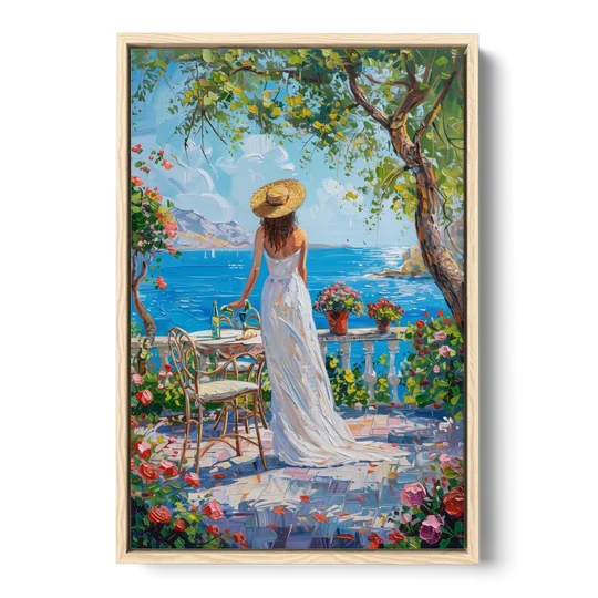 Figurative Painting of a Woman in White - Oak Framed Canvas Wall Art - Front