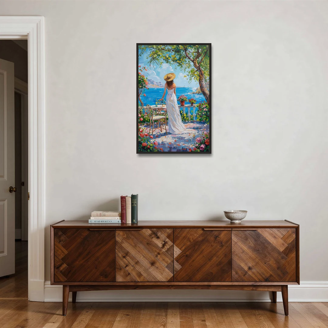 Figurative Painting of a Woman in White - Black Framed Canvas Wall Art - Coffee Table - 24x36