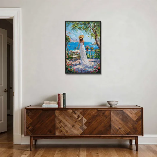 Figurative Painting of a Woman in White - Black Framed Canvas Wall Art - Coffee Table - 24x36