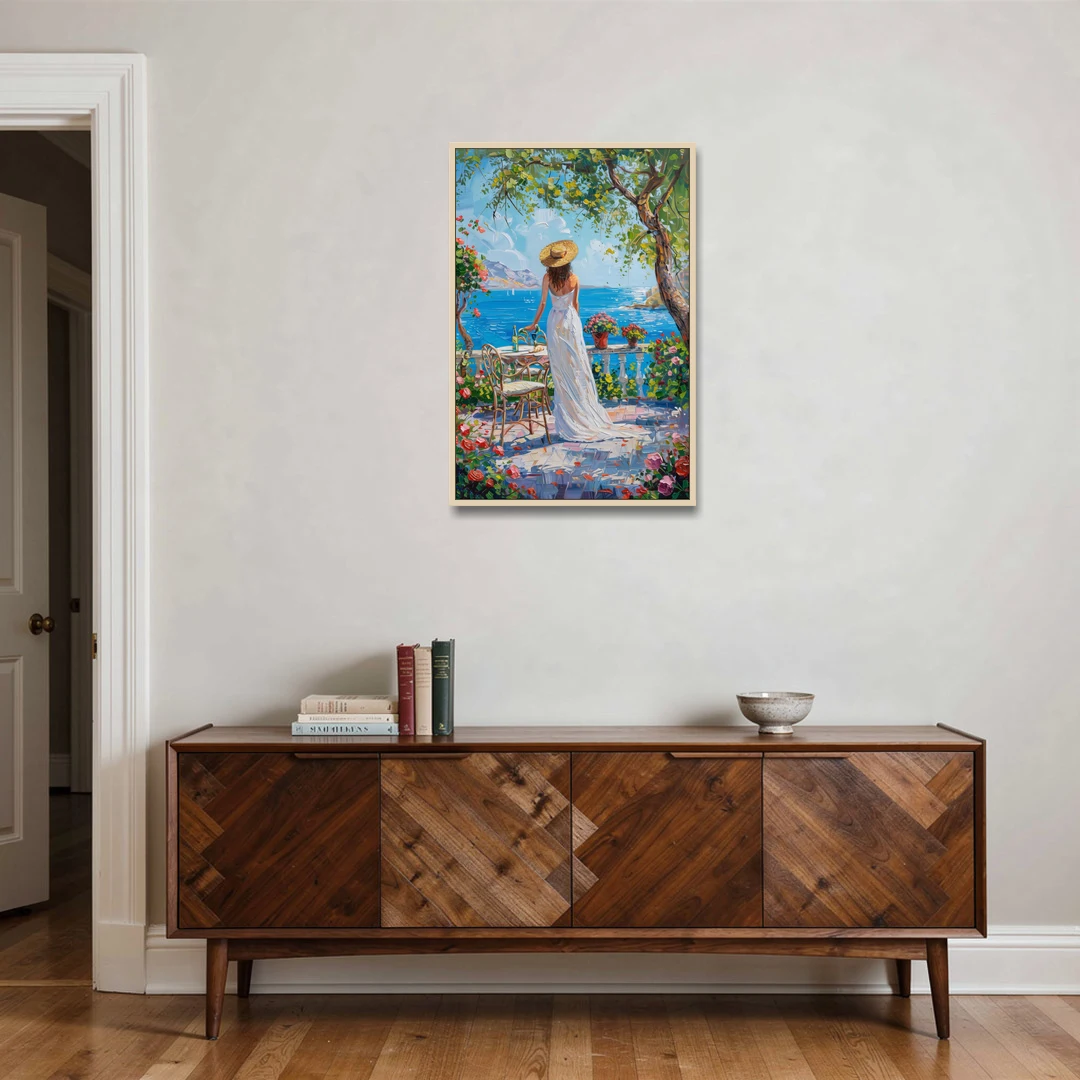 Figurative Painting of a Woman in White - Oak Framed Canvas Wall Art - Coffee Table - 24x36