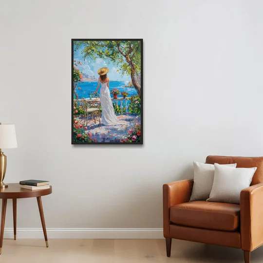 Figurative Painting of a Woman in White - Black Framed Canvas Wall Art - Sofa - 24x36