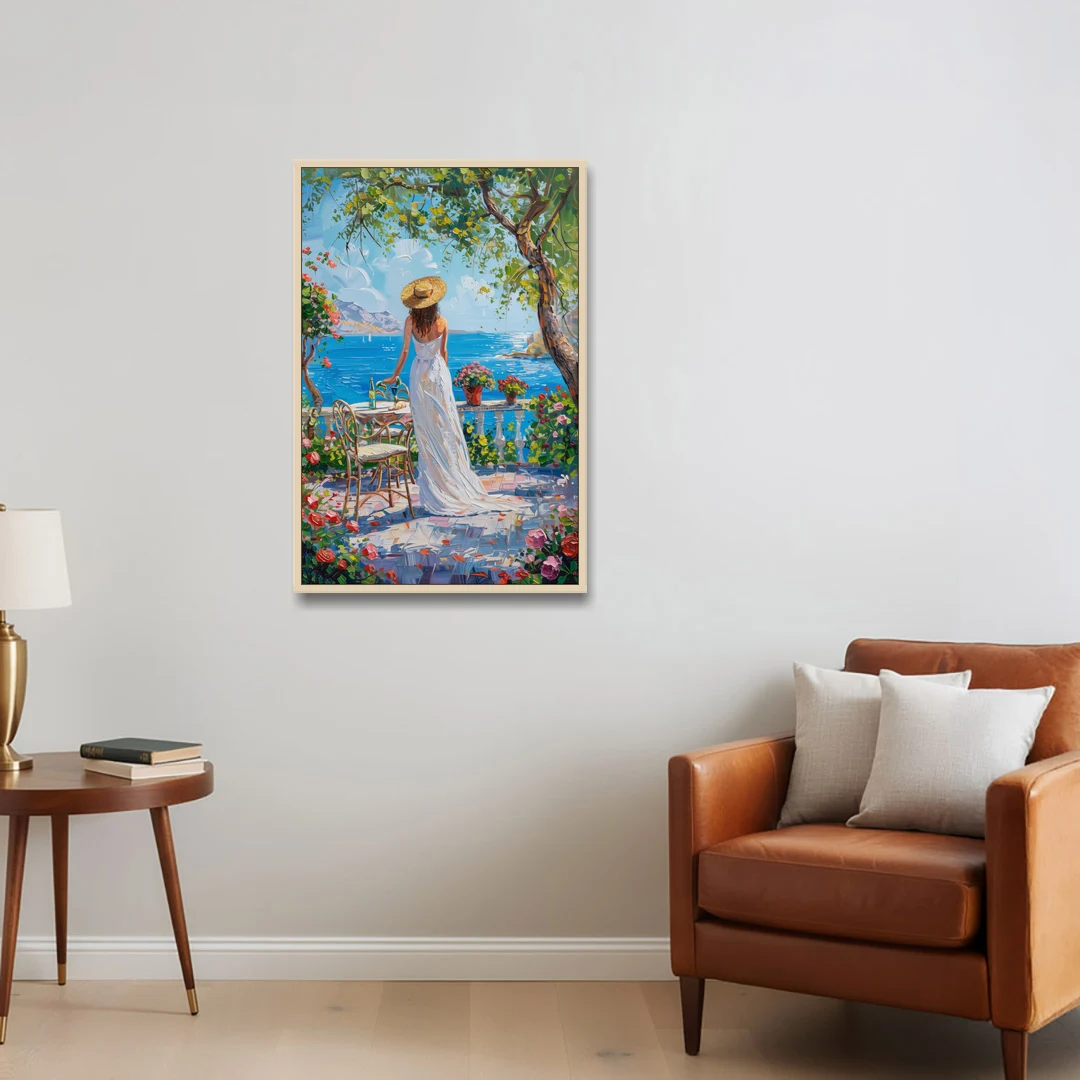Figurative Painting of a Woman in White - Oak Framed Canvas Wall Art - Sofa - 24x36