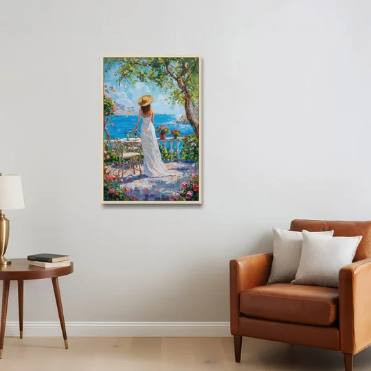 Figurative Painting of a Woman in White - Oak Framed Canvas Wall Art - Sofa - 24x36