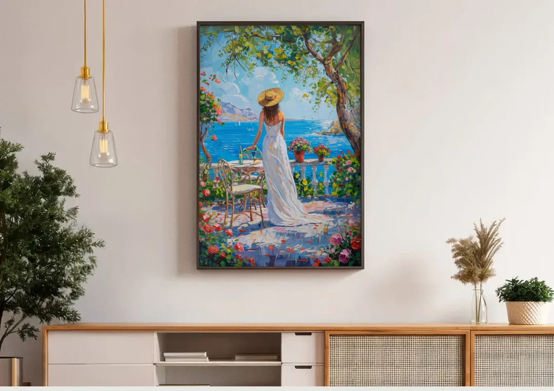 Figurative Painting of a Woman in White canvas wall art above a wooden sideboard under pendant lights