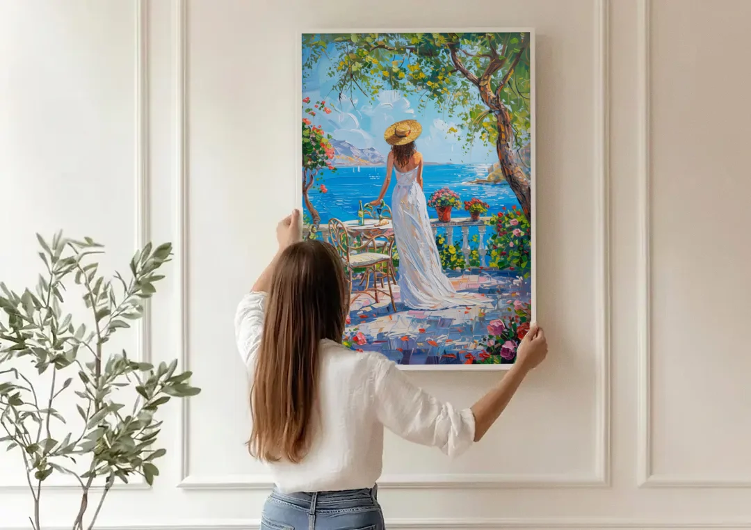Figurative Painting of a Woman in White canvas wall art being hung on a paneled wall