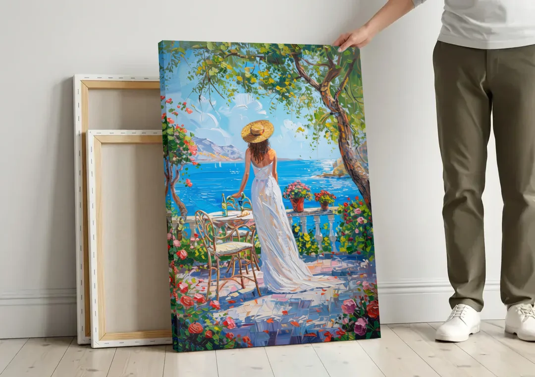 Figurative Painting of a Woman in White canvas wall art leaning against a wall next to blank canvases