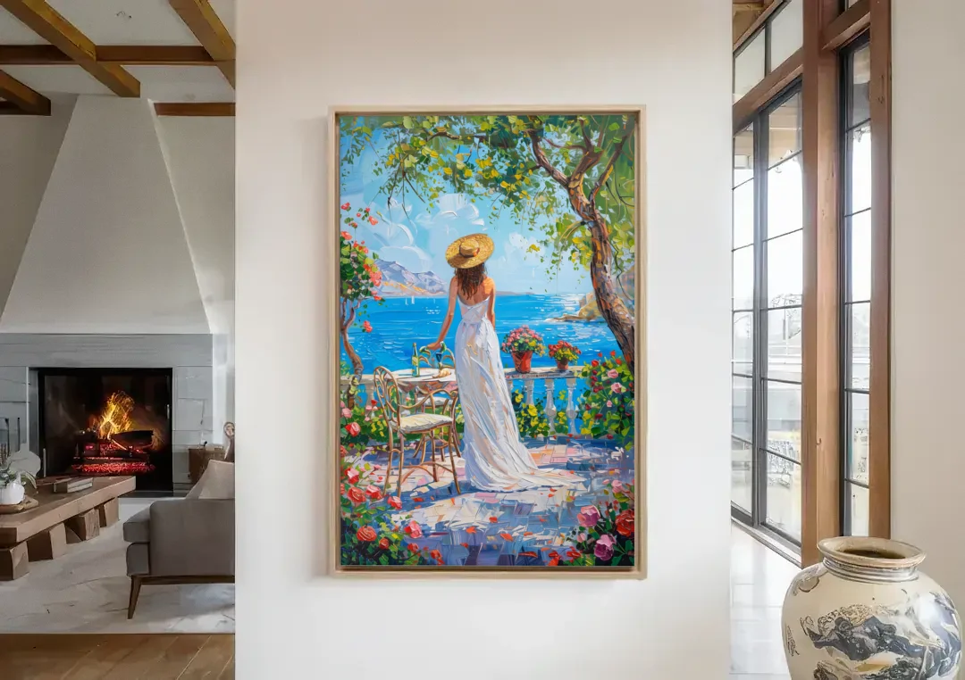 Figurative Painting of a Woman in White canvas wall art in a living room with a fireplace