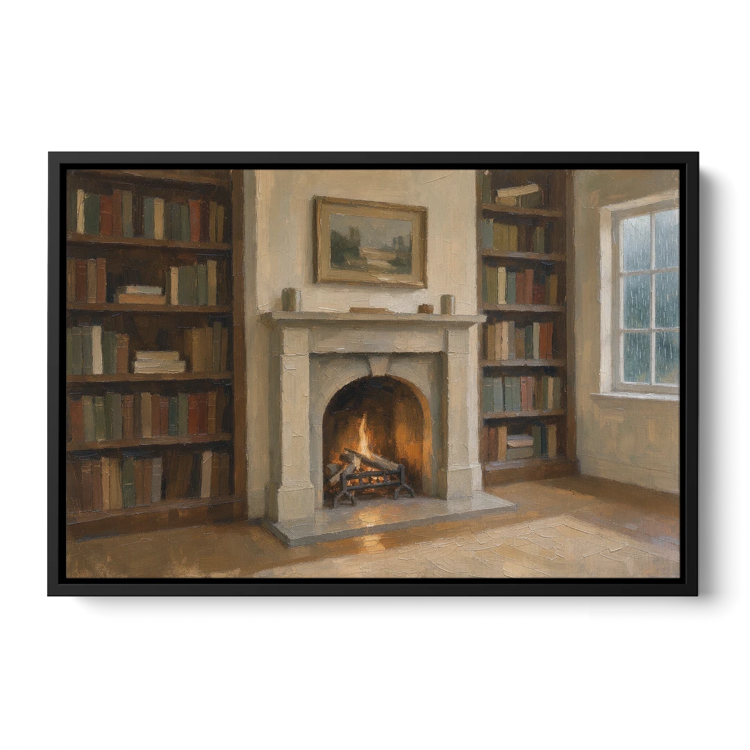 Fireplace Wall Art for a Rainy Library Nook - Black Framed Canvas Wall Art - Front