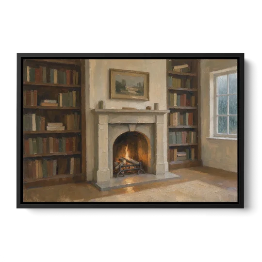 Fireplace Wall Art for a Rainy Library Nook - Black Framed Canvas Wall Art - Front