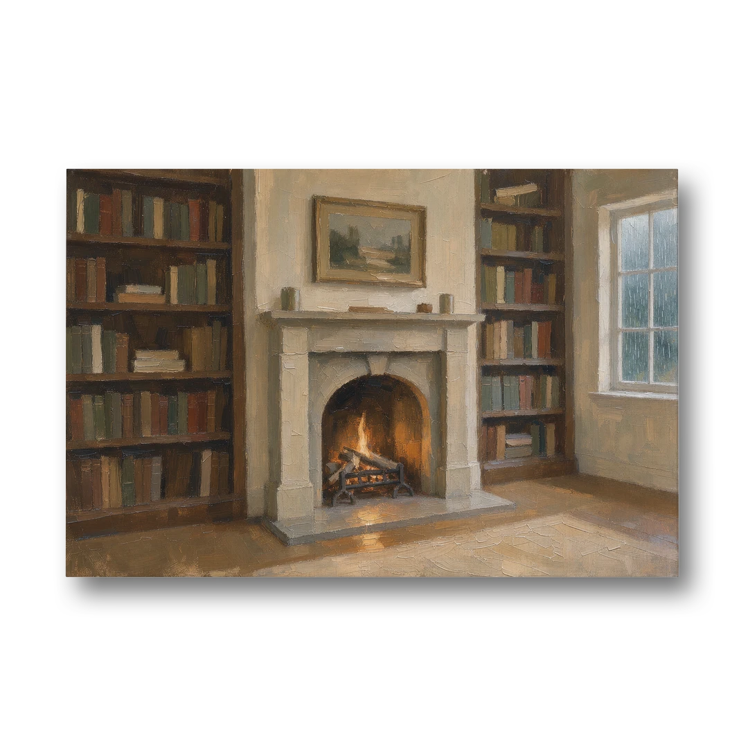 Fireplace Wall Art for a Rainy Library Nook - Canvas Wall Art - Front