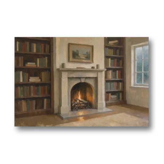 Fireplace Wall Art for a Rainy Library Nook - Canvas Wall Art - Front