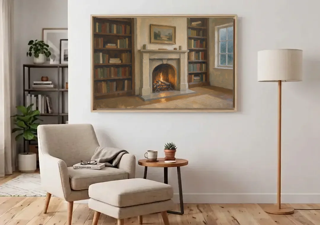 Fireplace Wall Art for a Rainy Library Nook canvas wall art above an armchair in a bright living room