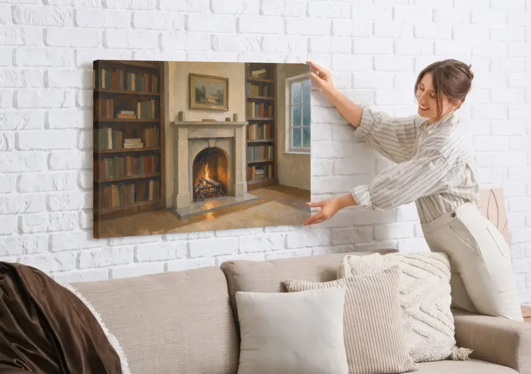 Fireplace Wall Art for a Rainy Library Nook canvas wall art being hung on a white brick wall above a sofa
