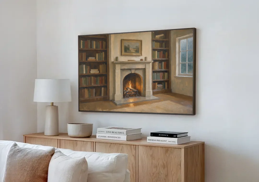 Fireplace Wall Art for a Rainy Library Nook canvas wall art above a wooden sideboard next to a sofa