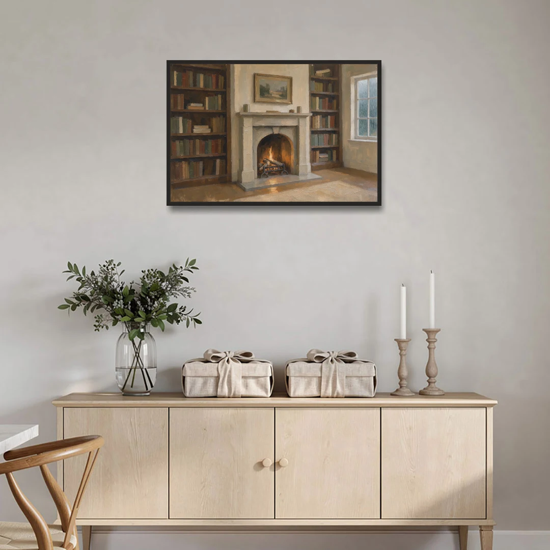 Fireplace Wall Art for a Rainy Library Nook - Black Framed Canvas Wall Art - Coffee Table - 36x24