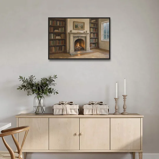 Fireplace Wall Art for a Rainy Library Nook - Black Framed Canvas Wall Art - Coffee Table - 36x24