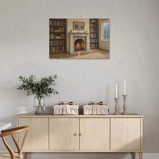 Fireplace Wall Art for a Rainy Library Nook - Canvas Wall Art - Coffee Table - 36x24