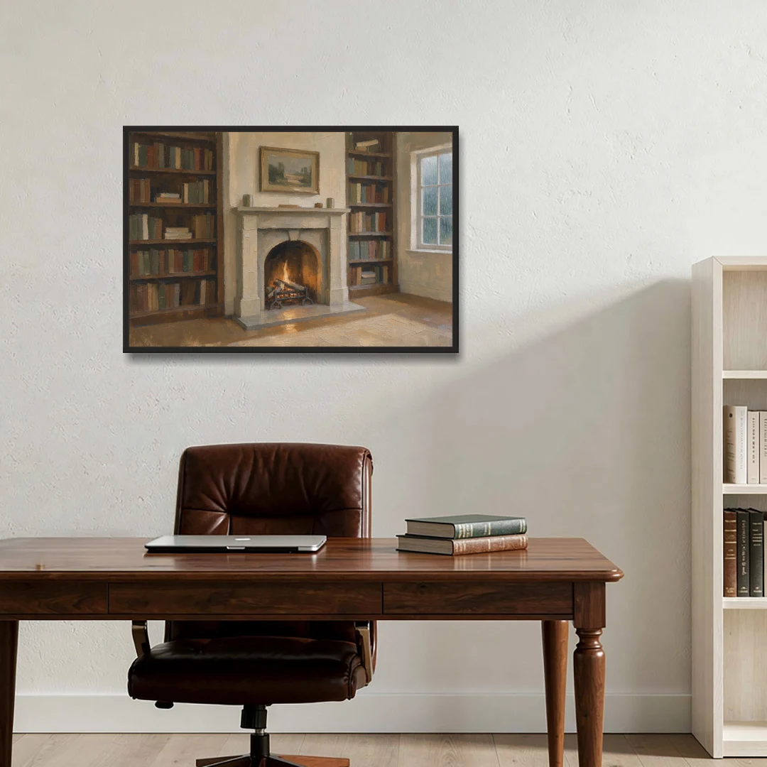 Fireplace Wall Art for a Rainy Library Nook - Black Framed Canvas Wall Art - Office - 36x24