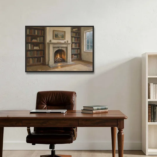Fireplace Wall Art for a Rainy Library Nook - Black Framed Canvas Wall Art - Office - 36x24