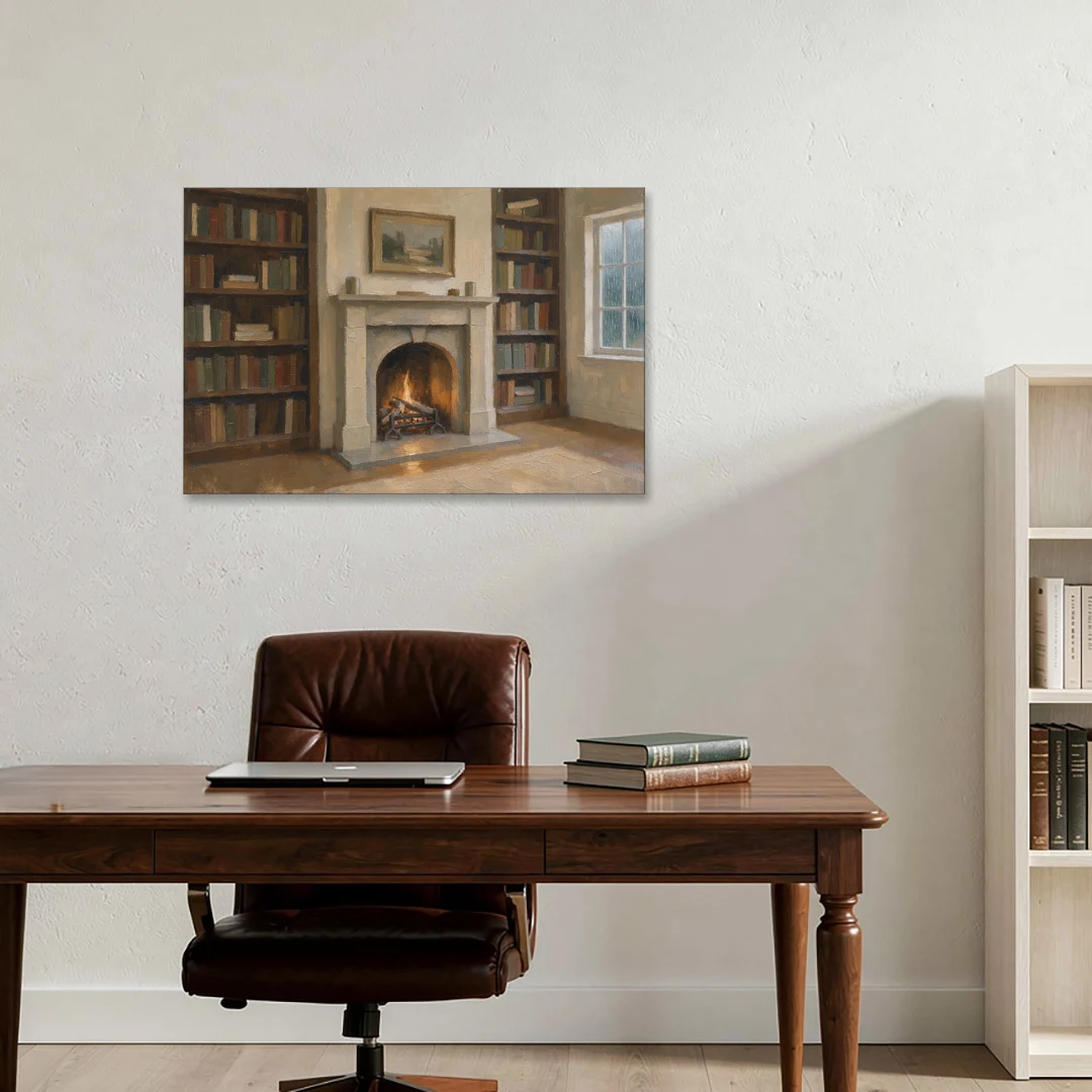 Fireplace Wall Art for a Rainy Library Nook - Canvas Wall Art - Office - 36x24