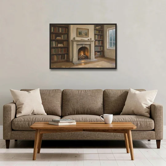 Fireplace Wall Art for a Rainy Library Nook - Black Framed Canvas Wall Art - Sofa - 36x24