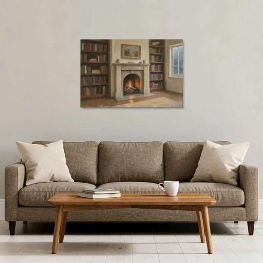 Fireplace Wall Art for a Rainy Library Nook - Canvas Wall Art - Sofa - 36x24