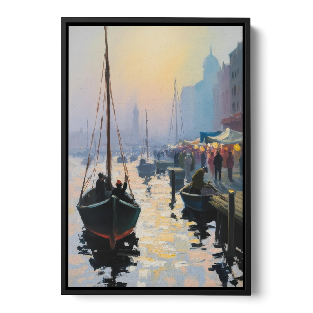Fischmarkt Sunrise - Black Framed Canvas Wall Art - Front