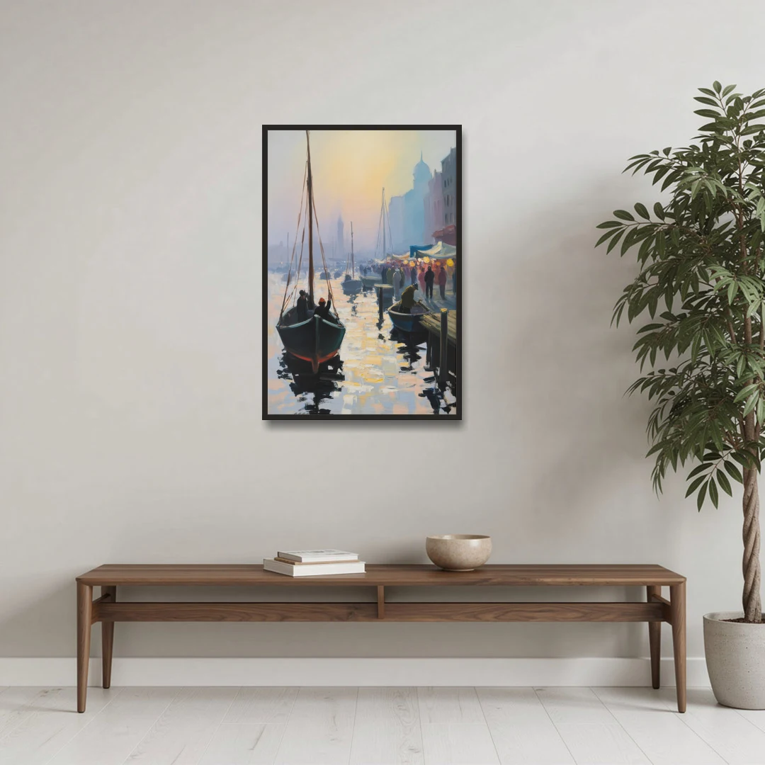 Fischmarkt Sunrise - Black Framed Canvas Wall Art - Coffee Table - 24x36