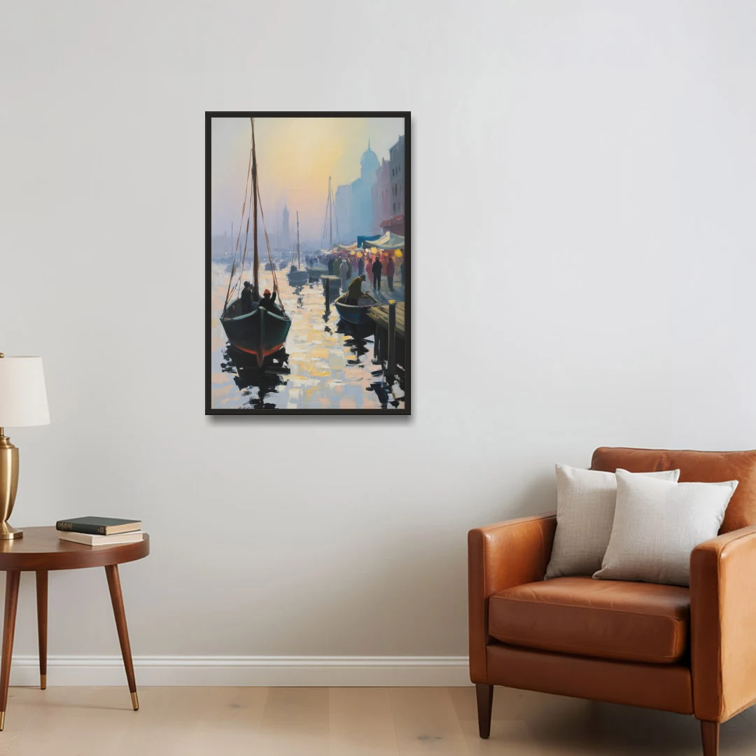 Fischmarkt Sunrise - Black Framed Canvas Wall Art - Sofa - 24x36