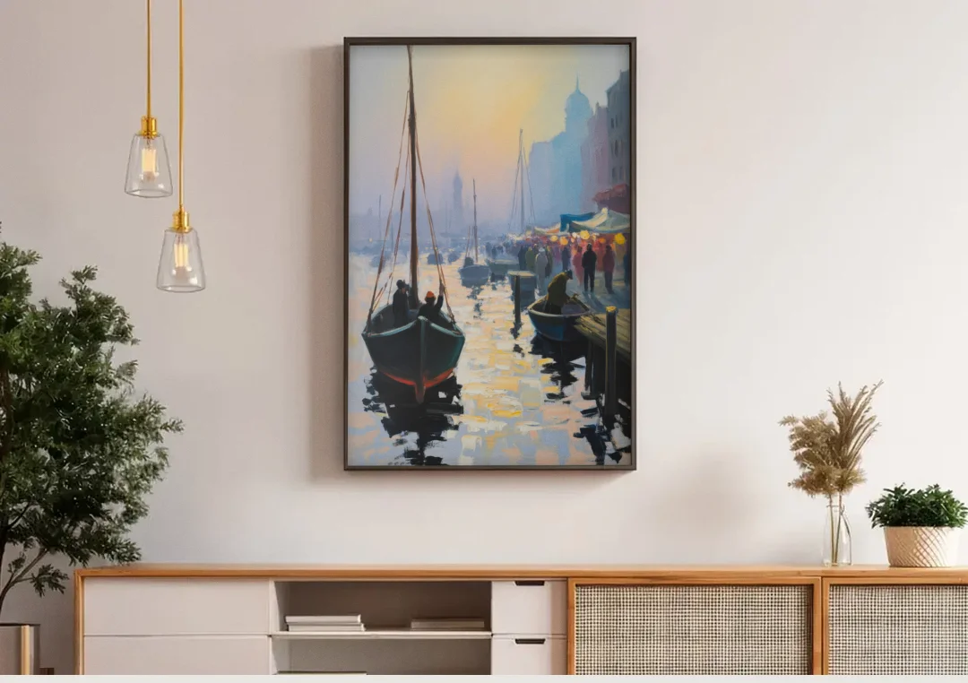 Fischmarkt Sunrise canvas wall art above a wooden sideboard under pendant lights