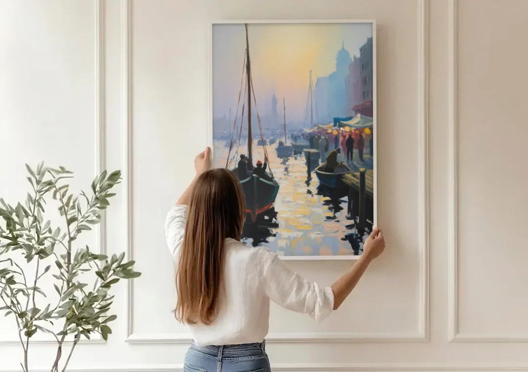 Fischmarkt Sunrise canvas wall art being hung on a paneled wall
