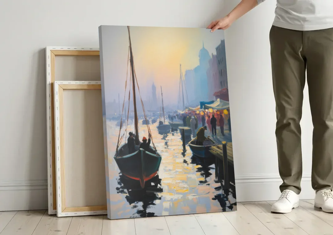 Fischmarkt Sunrise canvas wall art leaning against a wall next to blank canvases