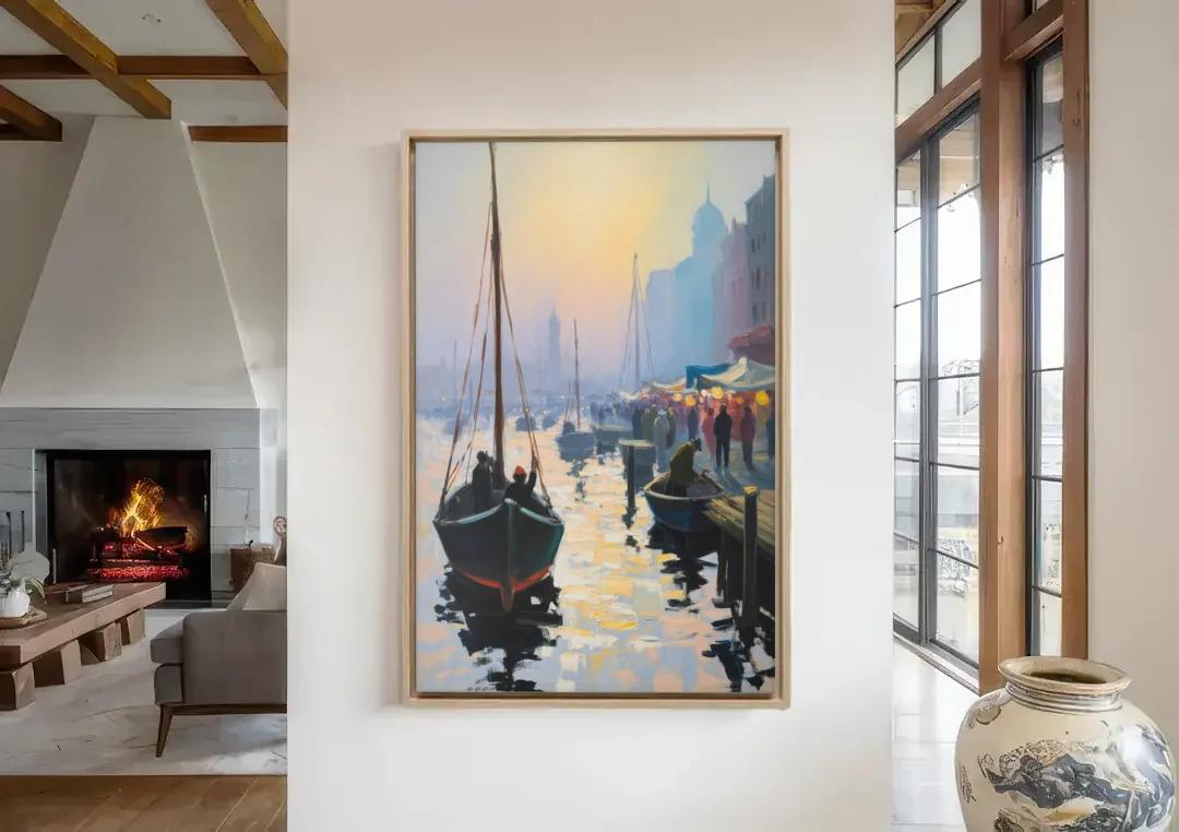Fischmarkt Sunrise canvas wall art in a living room with a fireplace