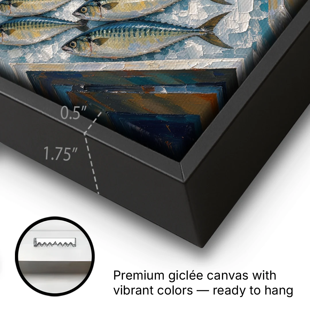 Fish Market Painting Under a Striped Awning - Black Framed Canvas Wall Art - Gallery Wrap Corner