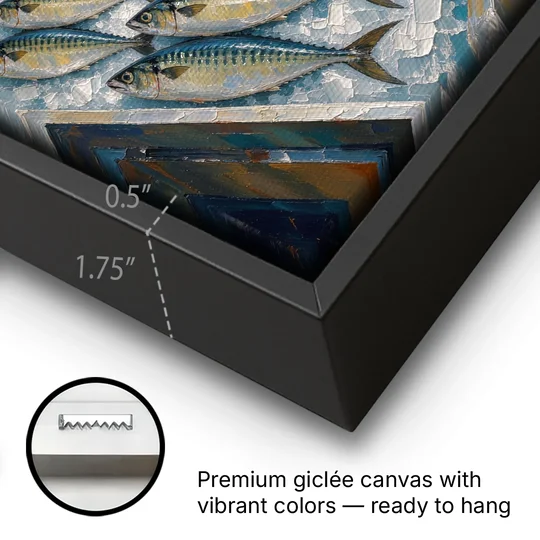 Fish Market Painting Under a Striped Awning - Black Framed Canvas Wall Art - Gallery Wrap Corner