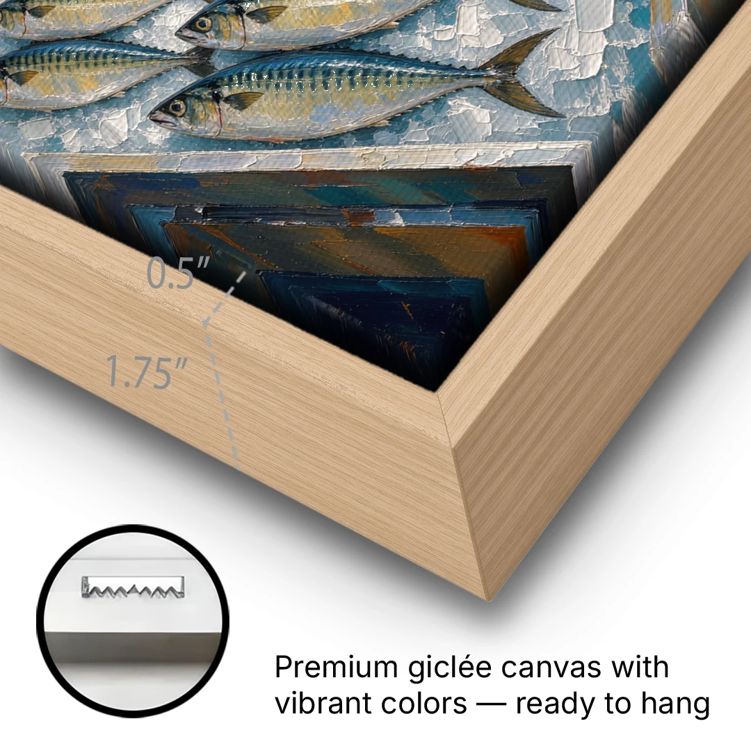 Fish Market Painting Under a Striped Awning - Oak Framed Canvas Wall Art - Gallery Wrap Corner