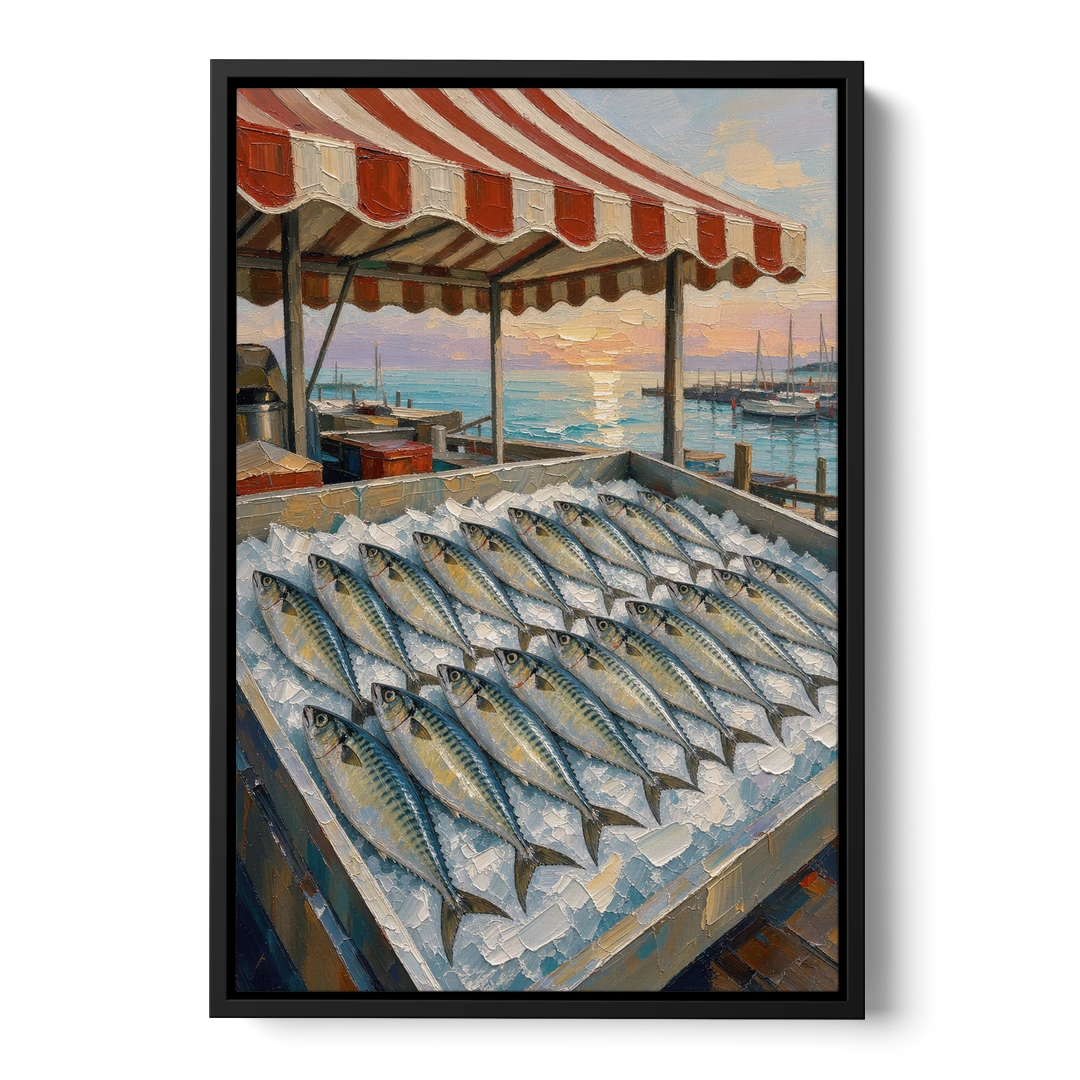 Fish Market Painting Under a Striped Awning - Black Framed Canvas Wall Art - Front