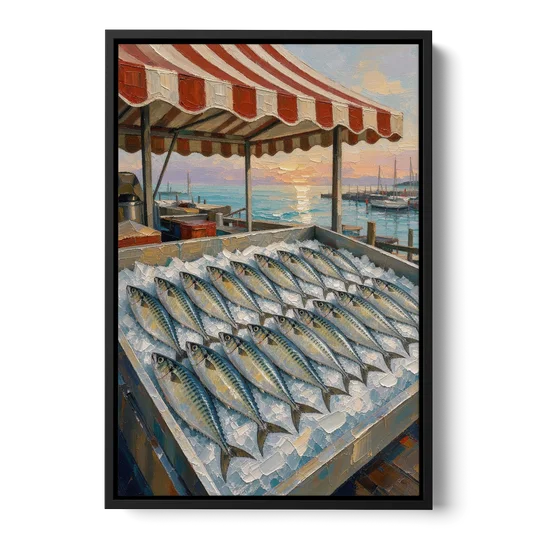 Fish Market Painting Under a Striped Awning - Black Framed Canvas Wall Art - Front