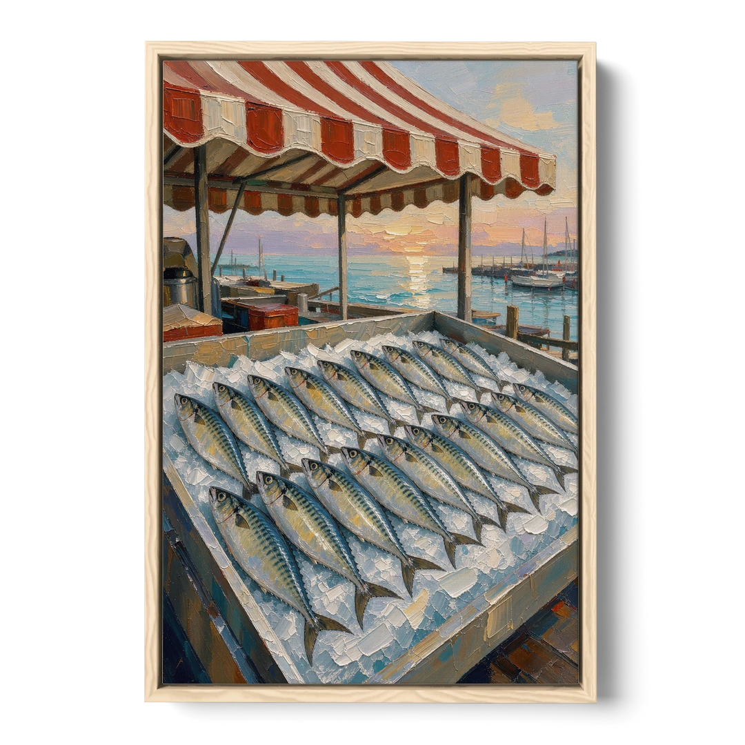 Fish Market Painting Under a Striped Awning - Oak Framed Canvas Wall Art - Front