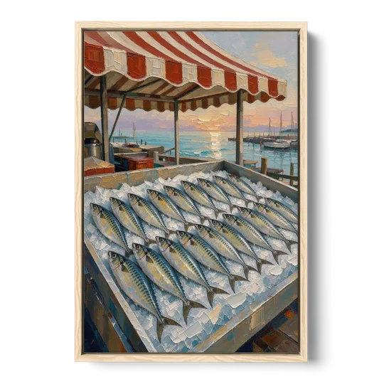 Fish Market Painting Under a Striped Awning - Oak Framed Canvas Wall Art - Front