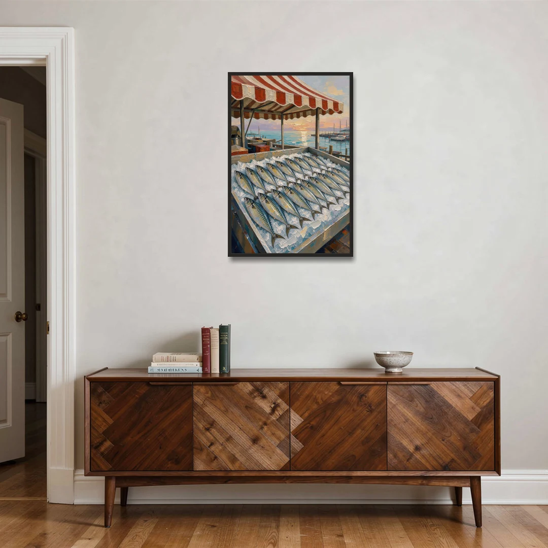 Fish Market Painting Under a Striped Awning - Black Framed Canvas Wall Art - Coffee Table - 24x36