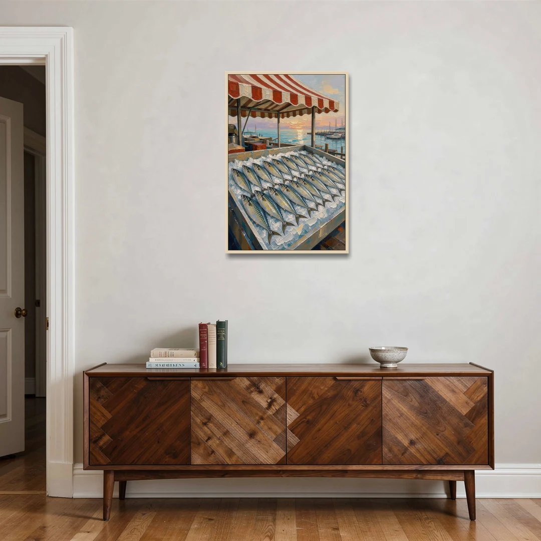 Fish Market Painting Under a Striped Awning - Oak Framed Canvas Wall Art - Coffee Table - 24x36