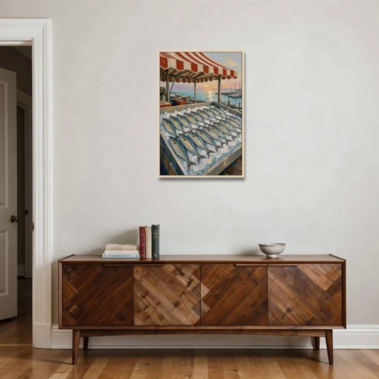 Fish Market Painting Under a Striped Awning - Oak Framed Canvas Wall Art - Coffee Table - 24x36
