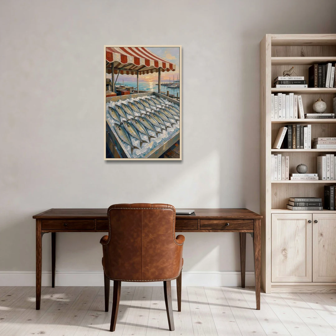 Fish Market Painting Under a Striped Awning - Oak Framed Canvas Wall Art - Office - 24x36