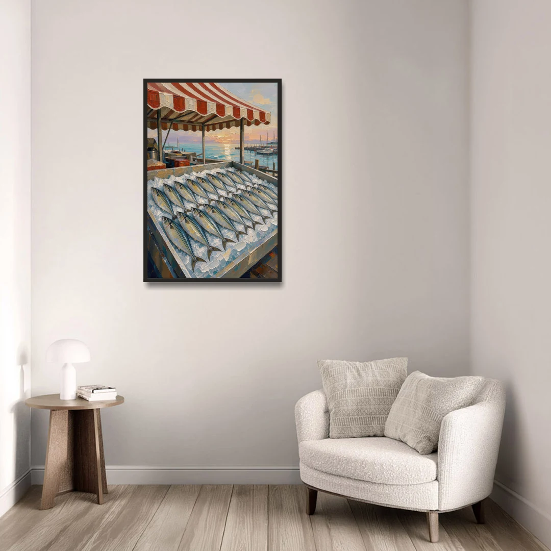 Fish Market Painting Under a Striped Awning - Black Framed Canvas Wall Art - Sofa - 24x36