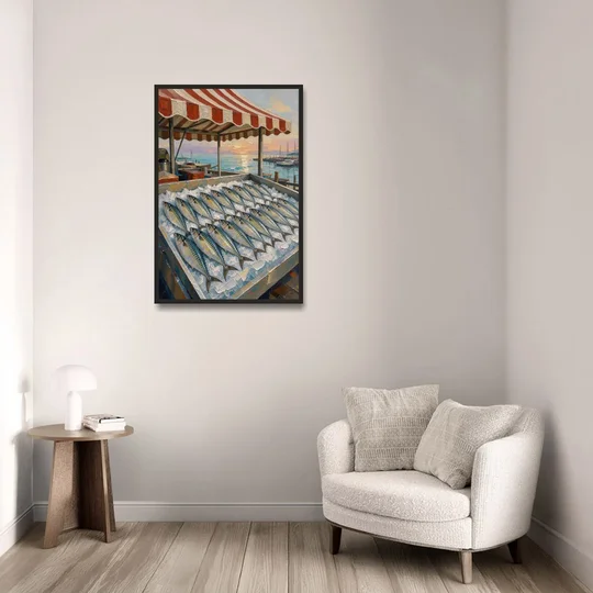 Fish Market Painting Under a Striped Awning - Black Framed Canvas Wall Art - Sofa - 24x36
