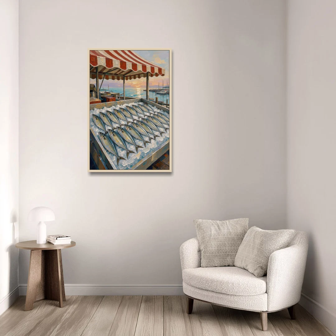 Fish Market Painting Under a Striped Awning - Oak Framed Canvas Wall Art - Sofa - 24x36