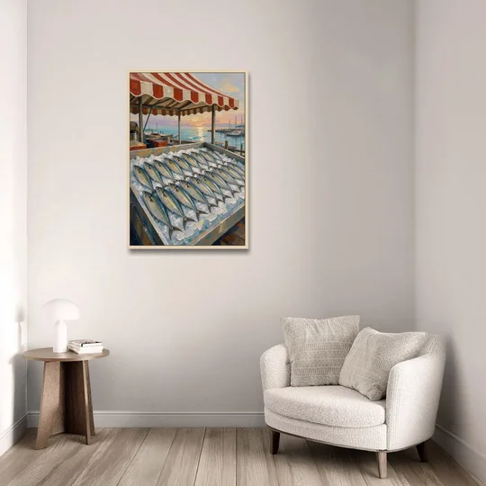 Fish Market Painting Under a Striped Awning - Oak Framed Canvas Wall Art - Sofa - 24x36